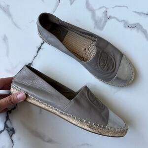 Tory Burch Benton Gray Silver Leather Espadrilles Size 8